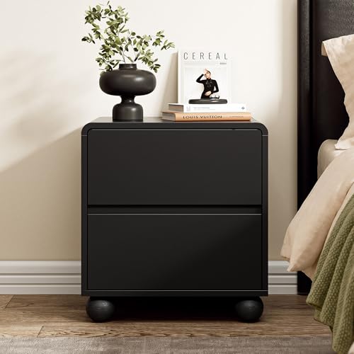 Image of Furniway Black Nightstand Set of 2, Modern 2 Drawer Bedside Table with Curved Profile Design and Handle-Free Drawers, Modern End Table with Storage for Bedroom