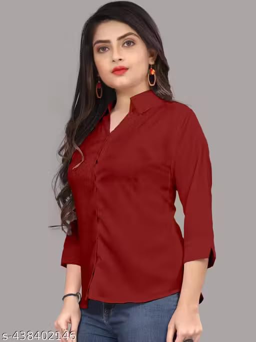 Image of Women's Cotton Blend Solid Shirt - Stylish Collar Neck-Purple-G1 P7