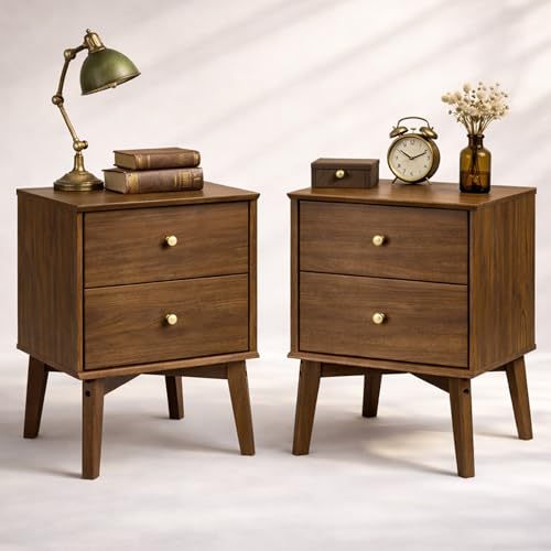RIHHA 26" Tall Mid Century Modern Nightstands Set of 2, Dark Walnut