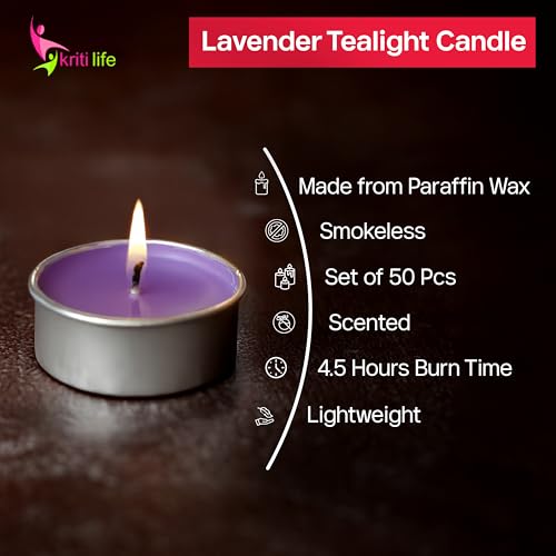 Image of Kriti Life Lavender Scented Tealight Candles 100% Paraffin Wax 4.5 Hours | Smokeless Long Burn Time | Dripless Purple Candles for Home Decoration Set of 50