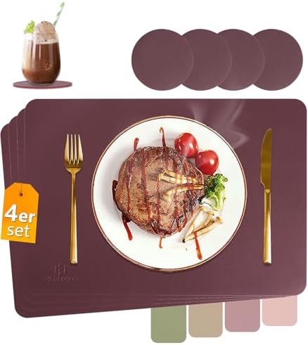 HELI MIAO Tischsets Abwaschbar,Platzsets Abwischbar, Leder,Hitzebeständig Doppelseitigen I 4er Set Platzdeckchen Lederoptik mit Untersetzer,Tischuntersetzer rutschfest,Weinrot