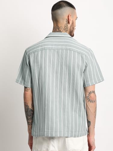 Image of Men's Green Striped Regular Fit Casual Shirt
