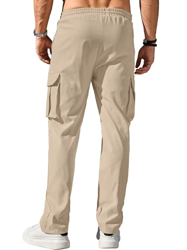 Comdecevis Men's Casual Cargo Pants Workout Joggers Stretch Sweatpants Hiking Drawstring Tactical Pants with Multi Pockets Light Khaki - Thumbnail 4