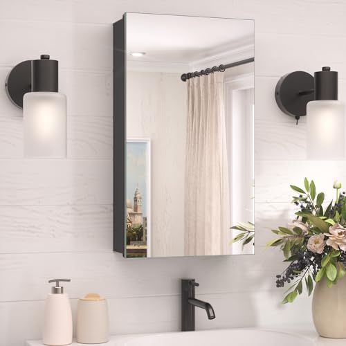 TokeShimi 14x24 Bathroom Mirror with Storage Tempered Aluminum Black Recessed Medicine Cabinet with Mirror Frameless Stepless Adjustable Shelf Surface Mount Medicine Cabinet for Bathroom
