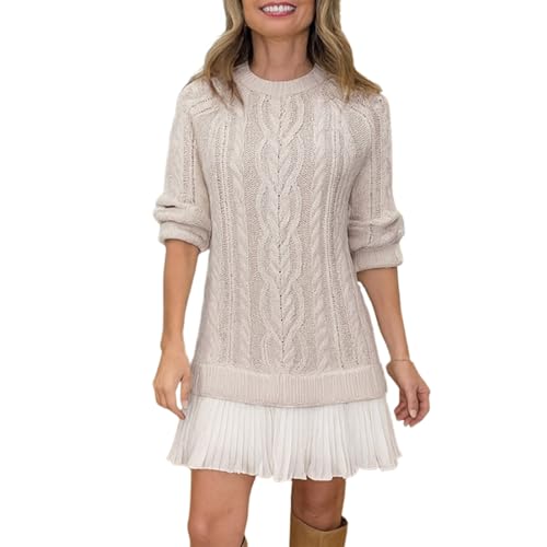 Vestido Mini de Punto Trenzado con Cuello Redondo para Mujer, Vestido Plisado de Manga Larga con Corte A, Color Liso, Traje Casual de Otoño (Apricot,XL)