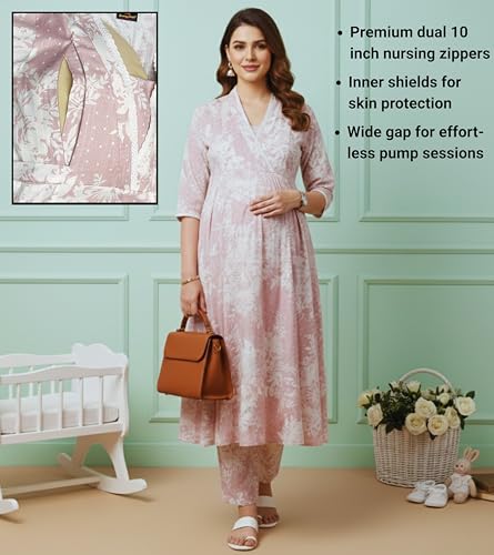 Image of DUMMY SHAPE Maternity Dresses for Women Cotton | Floral Kurta Pant Dupatta Set with Nursing Zippers, Side Pocket | Pre & Post Pregnancy | Feeding Kurti Suit | Baby Shower | Gifts for Pregnant Woman