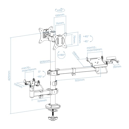 TOOQ TQPM0002 – Verstellbarer Tischständer für POS, ermöglicht die Installation von Drucker + 2 Bildschirmen 17-32 + Terminal mit Lesegerät, Schwarz