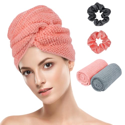 AOOWU Grande Toalla Microfibra Pelo, 2 Piezas Toallas Pelo Cabello Seco Súper Suave, Toalla Turbante Absorbente con Correas Elásticas, Mujer Toalla de Pelo Secado Rápido para Cabello Largo, Grueso