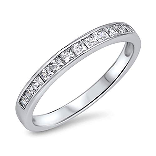DoubleAccent Sterling Silver Wedding Ring Princess Cut Channel Set Wedding Band 3MM (Size 5 to 12)