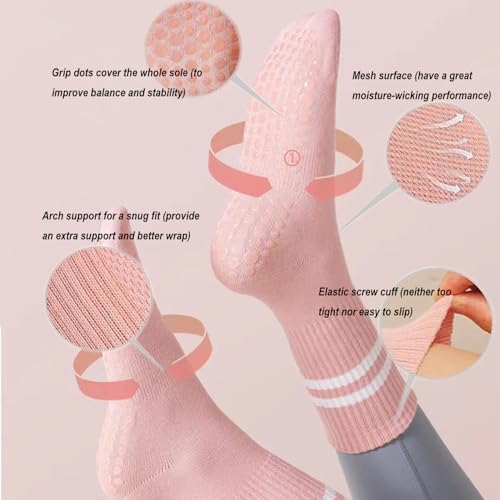 Image of Pilates Socks for Women with Non Slip Grippers, Yoga Crew Socks for Barre Hospital Sticky Slipper Socks,Women's Athletic socks, 4 Pairs(Black /White /Pink /Purple)
