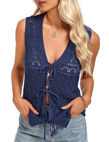 Totatuit Sleeveless Crochet Vest for Women Spring Vacation Tie Front Tops