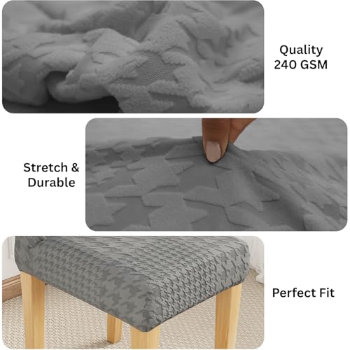 Image of Lukzer Elastic Dining Chair Cover - 2PC Pastel Dark Grey Square Knit | Textured High Stretch Jacquard Seat Cover | Removable Washable Short Dining Chair Cover Protector Seat Slipcover | (CC-178-02)
