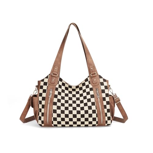 Image of hibear Checkered Hobo Bag for Women City Tote Handbag Trendy Slouchy Crossbody Bag Canvas Vintage Shoulder Bag 2026 New