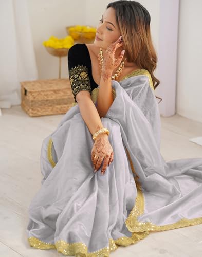 Image of SIRIL Women's Shimmer Net Sequence Embroidery Lace Saree for With Unstitched Blouse Piece