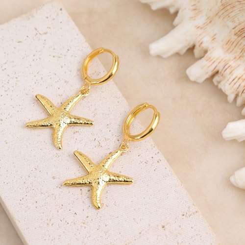 Image of Gold Starfish Mermaid Tail Dangle Drop Earrings for Women, Trendy Cute Pearl Fish Tail Shell Textured Hoop Dangling Earing Summer sea Beach Jewelry Gift.
