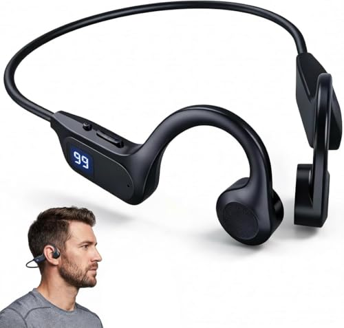 Auriculares Conducción Ósea Bluetooth 5.2 Cascos Open Ear Inalámbricos con Pantalla LCD Cascos Conduccion Osea Inalambricos HIFI 14.8mm Altavoces y Dual MP3/Bluetooth , IPX65 Deportivos para Ciclismo