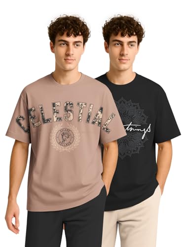 Image of BULLMER Trendy Half Sleeve Oversized Cotton Blend Crew Neck Tshirt for Men - Pack of 2