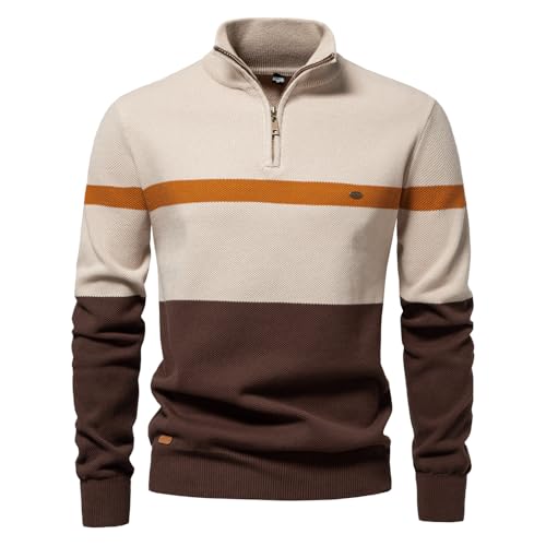 Mens Quarter Zip Pullover Sweater Turtleneck Mock Neck Strip Polo Sweaters for Men