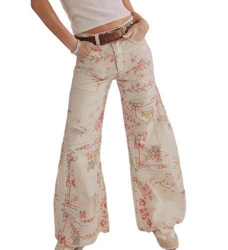 CHARTOU Women Floral Denim Wide Leg Pants High Waist Floor Length Baggy Barrel Jeans