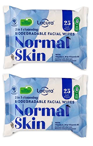 Lacura 3 In 1 Biodegradable Cleansing Facial Wipes for Normal Skin Makeup Removal Wipes with Vitamin E, Pro-Vitamin B5