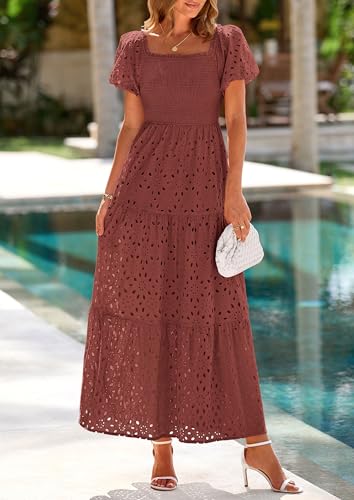 Image of PRETTYGARDEN Summer Dresses for Women 2026 Eyelet Square Neck Puff Sleeve Smocked Wedding Guest Maxi Dress with Pockets