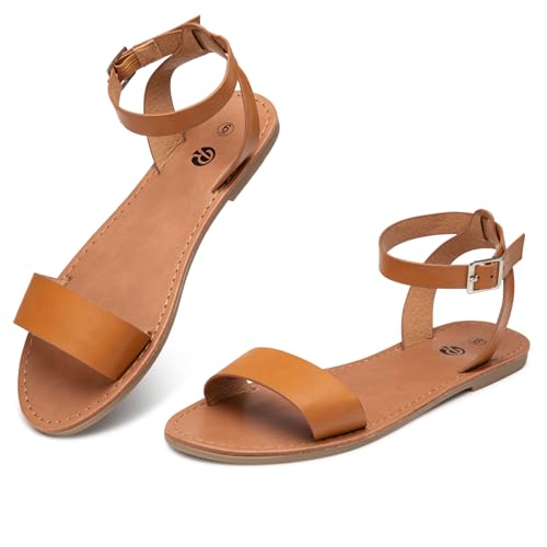 Rekayla Flat Faux Leather Ankle Strap and Adjustable Buckle Sandals for Women brown 085