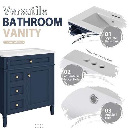 Image of Merax 30 Inch Bathroom Vanity with Sink Set, Modern Bathroom Vanity Storage Cabinet with Matching Mirror Medicine Cabinet, Solid Wood Frame,Painted Finish, 2 Drawers and 1 Tip-Out Drawer, Navy Blue