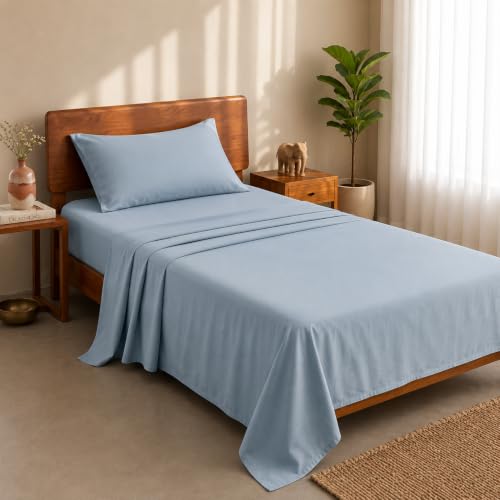 Image of LANE LINEN 100% Organic Cotton Bedsheet for Single Bed - French Blue | GOTS Certified, Percale Weave, 60x90 inches, Soft & Breathable, Machine Washable, Includes 1 Pillow Cover