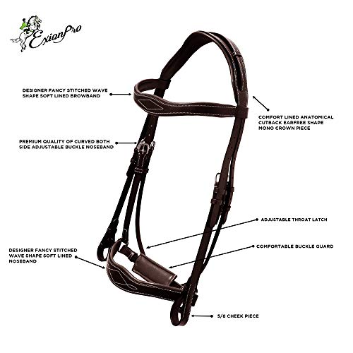 Exion Dressage Bridle with Anatomic Mono Crownpiece, Crank Noseband, Browband and Hand Stopper Reins for Horses - Thumbnail 4