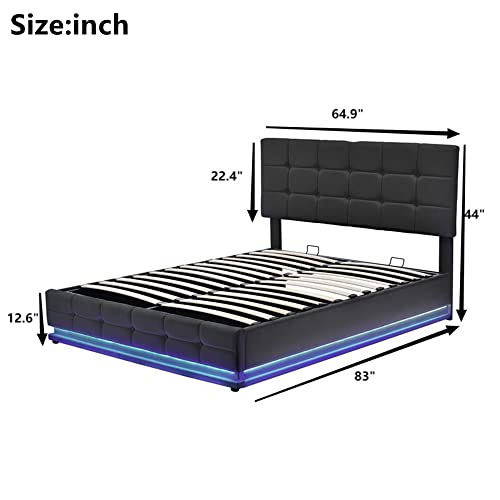 Lift Up Storage Bed Queen Size Upholstered Bed With Led Lights And Usb Charger, Faux Leather Platform Bed Frame With Hydraulic Storage System, For Kids Teens Adults (Queen Size, Black) #TOP1