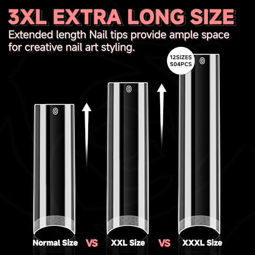 UNA GELLA 504PCS No C Curve Tapered Square Nail Tips, 3XL Extra Long Straight Clear Fake Nail Tips, 12 Sizes Half Cover Gel False Nails for Acrylic Nails Professional Salons Home DIY