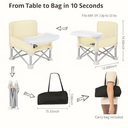 Image of Portable Baby Chair with Removable Tray - Folding Booster Seat for Toddlers 6 Months to 3 Years, Lightweight Travel Highchair for Camping, Beach, Outdoor & Dining Table Use Beige (Beige)