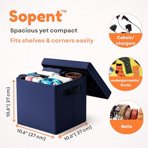 Image of Sopent Fabric Storage Box and Organiser with Lid (Plain Blue, 10.6 inch Inch)