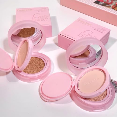 Gege Bear 2-in-1 Cushion Foundation & Compact Powder for Women | Hydrating Formula + Oil Control Powder | Sleek Pink Travel-Ready | Perfect for Fair to Natural Skin Tones | Buildable Coverage That Blurs and Brightens | (02# Natural Color, 13g Cushion Foundation + 7g Compact Powder)