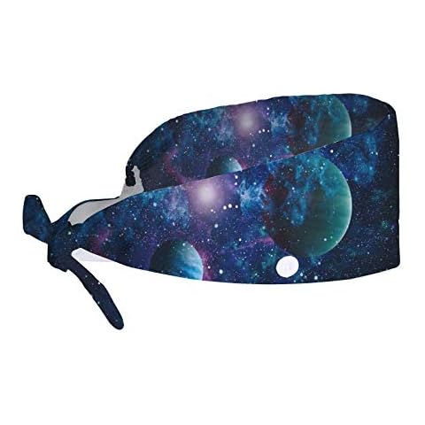 MyDaily Working Cap with Sweatband, Planets Galaxy Scrub Caps Adjustable Bouffant Hats Turban Headdress for Women Men Cover