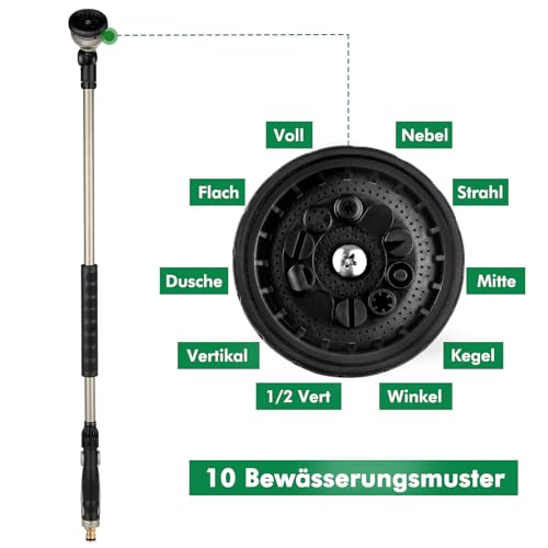 RESTMO 92 cm Untra Langer Gießstab, Gartenbrause Metall mit 180° schwenkbaren Kopf | 10 Sprühmustern | Daumenflusskontrolle | Bewässerung Zauberstab zum für Blumenampeln und Sträucher