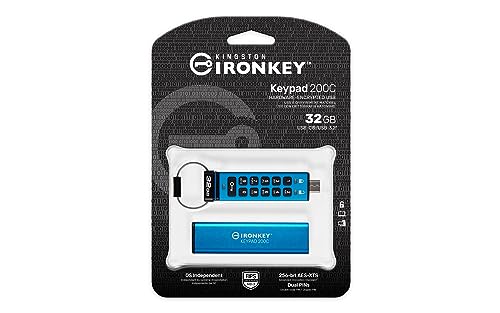 Image of Kingston Ironkey Keypad 200 USB-C 32GB Encrypted Flash Drive | OS Independent | FIPS 140-3 Level 3 | XTS-AES 256-bit | BadUSB and Brute Force Protection | Multi-Pin Option | IKKP200C /32GB | Xts-Aes 256-Bit Hardware Encryption, Fips 140-3 Level 3 Validated, Alphanumeric Keypad Pin, Os-Independent, IP68 Waterproof