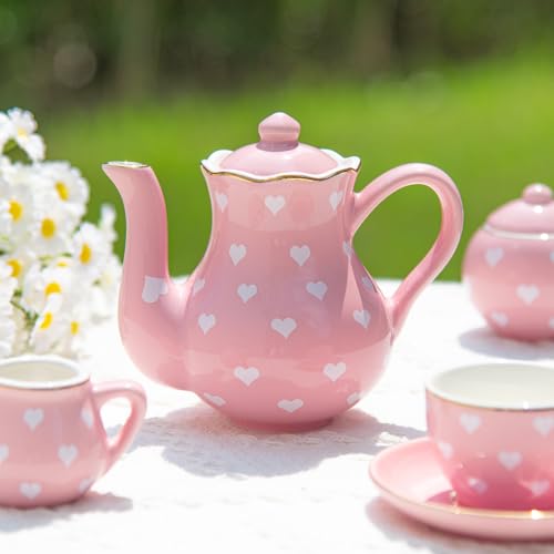 Image of TUZT Tea Party Set for Little Girls Ages 3-8, Pink Heart Porcelain Tea Set with Gold Trim Edges, Princess Tea Time Toy Includes Pot & Cups & Saucers & Suitcase, Birthday Gifts for Toddlers Girls