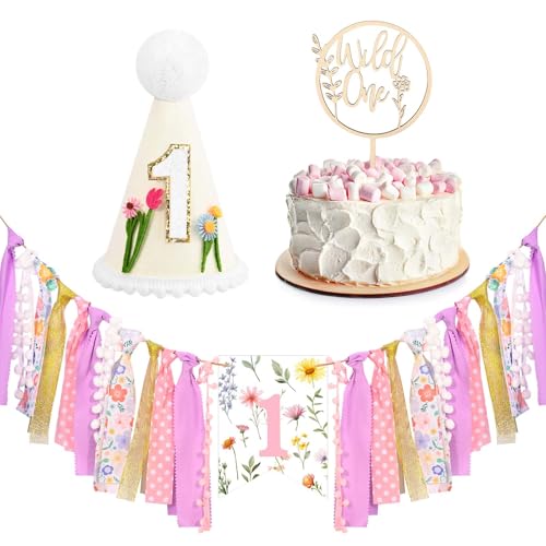 Wildflower First Birthday Decorations Wildflower One Cake Topper Birthday Hat 1st Birthday Highchair Banner Photo Prop for Happy Birthday Party Decorations (Wild Flower)