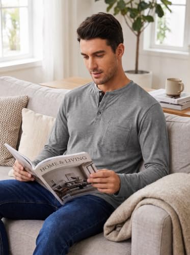 Image of Lexiart Mens Fashion Henley Shirts Long Sleeve Button Cotton T-Shirt with Pocket