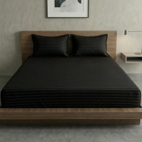 Image of Home Sizzler Microfibre Black Satin Stripe Double Bedsheet with 2 King Size Pillow Covers