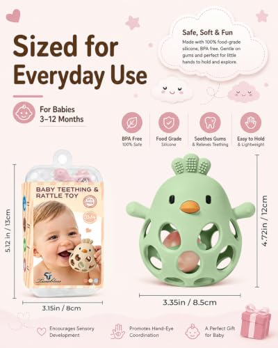 Image of Tinabless 2-in-1 Baby Teether Rattle Toy, Easy Grip Silicone Teething Toy for Babies 3-12 Months, BPA-Free Sensory Chew Toy for Sore Gums, Infant Shower Gift (Green w /Rattle)