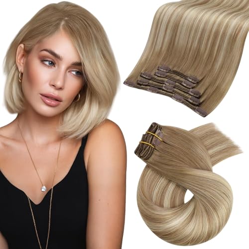 Image of Moresoo Clip in Hair Extensions Blonde Balayage Short 80g for Wedding | Human hair clip in extensions, soft beige blonde balayage ligh brown blend, 5pcs, for short layers and natural volume