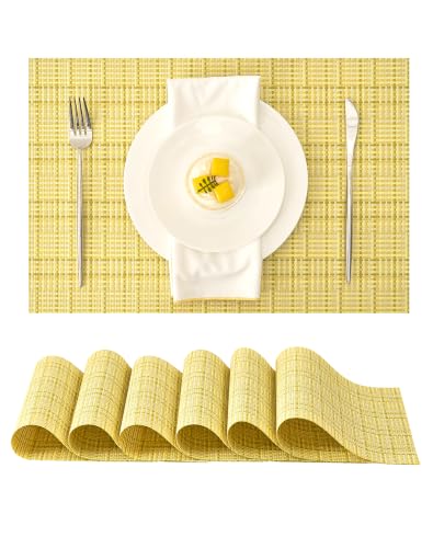 Leetaltree Pixelated Lemon Yellow Placemats Set of 6, Washable Woven Vinyl