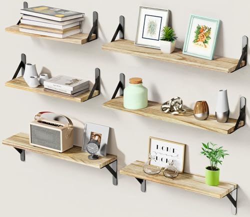 Image of AMADA HOMEFURNISHING Long Wall Shelves, Rustic Farmhouse Style, Wood Floating Shelves for Wall Decor, Bathroom & Bedroom Storage, Living Room Book Shelves, 6pcs