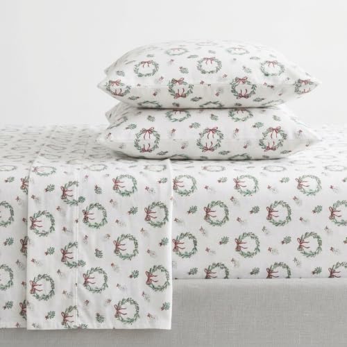 Image of Martha Stewart - Flannel Sheets Full Size, Anti-Pilling & Wrinkle Resistant Cotton, Touchably Soft for All-Season Comfort - Matching Pillowcases & Fitted Sheet (Wreaths & Mistletoe Green)