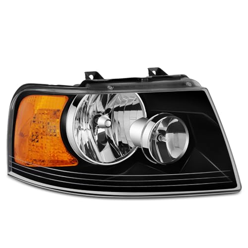 Auto Dynasty Headlights Assembly Compatible with 2003 2004 2005 2006 Ford Expedition, Right Side Halogen Headlamp Replacement w/Black Bezel, FO2503198, SAE/DOT Approved, Black Housing Amber Corner