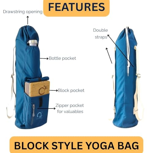 Image of O2 Yoga Mat Bag | Block Style Cotton Yoga Mat Carry Bag with Adjustable Double Straps | Yoga Block Pocket with Bottle Holder | Yoga Mat Cover Bag for Women & Men | Fits 2mm-10mm Mats - Oxford Blue