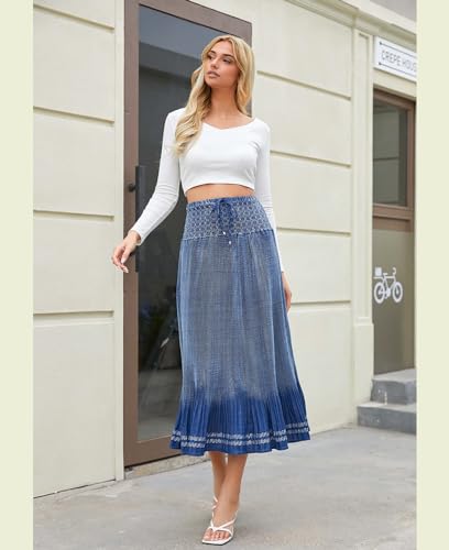 Women's Denim Boho Maxi Skirts Elastic High Waist Ruffle Tied A Line Flowy Long Jeans Skirts4