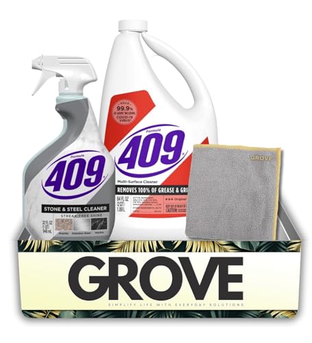 Formula 409 Stone/Steel Cleaner 32 oz Spray and Formula 409 Original Scent Multi-Surface Cleaner Liquid 64 oz Bundle with Microfiber Auto Cleaning Cloth Stone and Countertop Care Gift Set (3 Items)